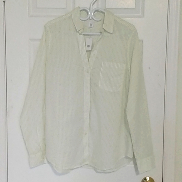 NWT GAP Cream button front Shirt Green Stripes Large - Picture 1 of 7